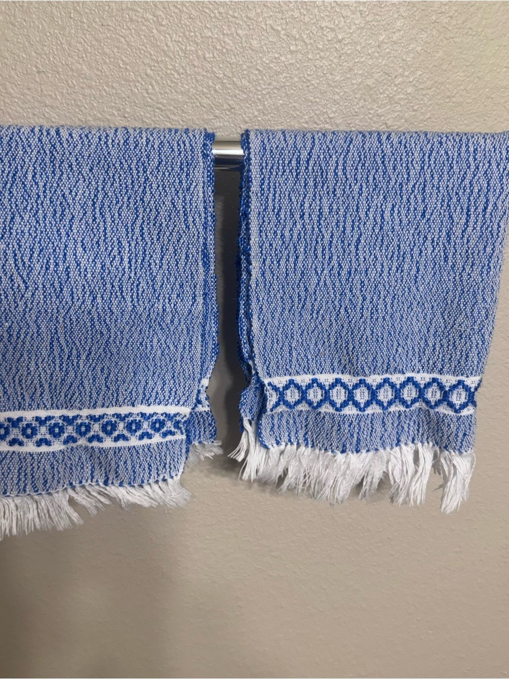 SET OF 5 Artisan Woven Boho Hand Towels - Blue & White hand made vintage